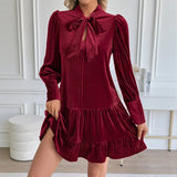 Purpdrank  Autumn Elegant Temperament Solid V Neck Long Sleeve Patchwork Fashion Dresses