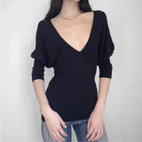 Purpdrank  V-Neck Long Sleeve Knitwear Autumn Fashion Women's Waist Cinching Versatile Casual Lazy Style Batwing Sleeve Black Elegant Tops