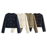 Purpdrank  Women's Clothing Spring Autumn Bomber Jacket New Crop Tops Round Neck Multiple Pockets Coat Single Breasted Long Sleeves Blazer
