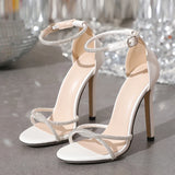 Purpdrank  Crystal Rhinestone Narrow Band Women Sandals Street Sexy Open Toe Elegant Thin High Heels Ladies Party Wedding Shoes Bride