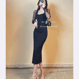 Purpdrank  Summer New Style French Square Neck Niche Gauze Sleeve Splicing Dress Sexy and Versatile Little Black Vintage Dress