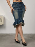 Purpdrank  Denim Skirt High-waisted Ruffles Spice Girls Women's High Stretch Fishtail Skirt Hip Wrap High Waist Vintage Denim Half Skirt