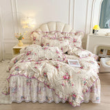 Purpdrank  100% Cotton Vintage Pastoral Style Rose Flowers Print Ruffles Bedding Set Duvet Cover Set Bow Lace Quilted Bed Skirt Pillowcases