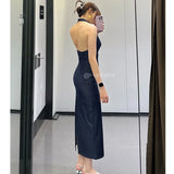 Purpdrank  Denim Dress Summer 2025 New Fashion Slim V-neck Hanging Neck Elegant Long Dress Women Street Holiday Chic Youth Party Dress