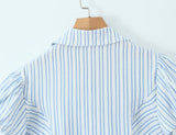 Purpdrank  Stylish Blue White Striped Lapel ollar Short Puff Sleeve Shirt Women Slim Waist Open Buttons Crop Blouse Girl's Tops