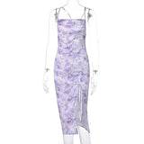 Purpdrank  Print Floral Satin Dress Ruched Midi Split Summer 2025 Strap Backless Bandage Women Sexy Party Dresses