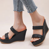 Purpdrank  Women's Retro Thick Bottom High Heel Sandals Woven Patent Leather Wedge Sandal Female Office Ladies Non Slip Black Slides Mujer