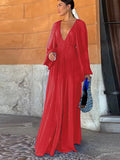 Purpdrank  Elegant Long Dress Women Loose Chiffon V Neck Long Sleeves High Waist Vestidos Female 2025 Spring Summer Solid Evening Dresses