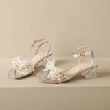 Purpdrank  Summer Latest Women's Sandals Square Head Fashion Crystal Heel  High Heel Thick Heel Bow Ankle Buckle Strap Female Shoes