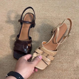 Purpdrank   French Strap Sandals Women Summer Skirts Flat Woven Hollow Artistic Retro Open Toe Roman Shoes Rubber Bottom Square Head