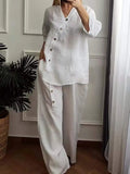Purpdrank  Summer Fashion New Women's Elegant Cotton and Hemp Two Piece Set V-neck Loose Top Wide Leg Pants Commuter Set