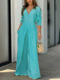 Purpdrank  Women's Solid Color Cotton Jumpsuit Elegant V Neck Long Sleeves Wide Leg Romper Casual Office Party One Piece Outfits