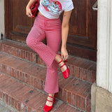 Purpdrank  Plaid Flared Pants Women Summer Slim Fit Elastic High Waist Cropped Trousers Casual Sweatpants y2k Clothes Streetwear