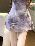 Purpdrank  New Aesthetic Floral Print Elegant Women Dress Set Design High Waist A-Line Evening Dress Female Sleeveless Purple Sweet Outfits