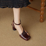 Purpdrank  NEW Summer Women Sandals Split Leather Shoes for Women Square Toe Kitten Heel Shoe Narrow Band Bcukle Strap Shoes Modern Sandals
