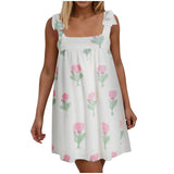 Purpdrank  Summer Sundresses For Women Square Neck Sleeveless Short Dress Bow Tie Floral Print Casual Midi Dresses Ruffle Hem Boho Dresses