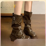 Purpdrank  Retro Mid-Calf  Boots Women's Long Boots Thi Bot ort Boots Korean Sle Spring Autumn Season Flat Heel PU Material