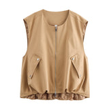Purpdrank  Fashion Retro Round Neck Casual Solid Color Vest Women's Trend Loose Zipper Coat Sweatshirt Street Joker New