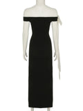Purpdrank  Elegant Off Shoulder Maxi Dress for Women Fashion Color Match Bow Ribbon Sleeveless Slim Bodycon Evening Party Long Dress