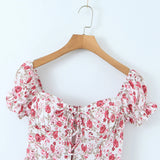 Purpdrank  Women Sexy Flower Print Cross Bandage Off Shoulder Dress Fold Elastic Back 3 layer Wood Ears Ruffles Hem Cake Mini Holiday Robe