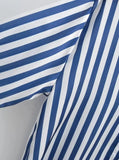 Purpdrank  CHIC Autumn Lapel Blue White Striped Print Bright Satin Shirt Women Single-Breasted Buttons Full Sleeve Loose Blouses Tops