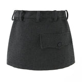 Purpdrank  New Autumn Gray Black Houndstooth Plaid Woollen Mini Skirt Women Ruched High Waist Ball Gown Short Skater Party Femme Skirts