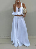 Purpdrank  High Street Exposed Navel Casual Outfits White Simple Summer Women's Suit Square Collar Camisole Top+Wide Leg Pants Holiday Set