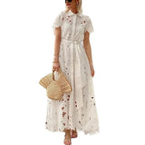 Purpdrank  Elegant Summer Women Bohemian Dress Chic New Short Sleeve Single Breasted Hollow Out Floral Lace Vacation Long Dress