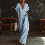Purpdrank  Comfy Loose Fit Linen Cotton Maxi Dress Women Elegant V Neck Lace Trim Casual Dress Spring Summer Short Sleeve Pocket Boho Dress