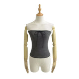 Purpdrank  Sexy Contrast color Striped Strapless Rib Knitted Bow Tank Top Women Skinny Crop Top Stretch Camisole 4 colors oatmeal gray