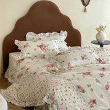 Purpdrank  Rustic Vintage French Rose Floral Ruffles 100% Cotton Bedding Set Duvet Cover Set Flat/Fitted Bed Sheet Pillowcases 4Pcs
