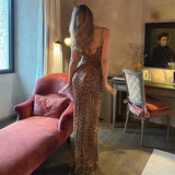 Purpdrank  Sexy Leopard Printed Party Long Dress Women Spaghetti Strap V-neck Backless Mesh Through Night Club Bodycon Maxi Dresses Vestido