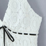 Purpdrank  White Embroidery Hollow Out Hole Lace Halter V Collar Backless Mini Dress Women Ribbon Bow Waist A-lined Short Dresses Robe