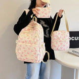Purpdrank  3Pcs/Set Schoolbag High School Student Girl Bag Set Gentle Day Cute Floral Backpack Lazy Wind Floral Bow Backpack School Bags
