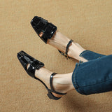 Purpdrank  New Summer Women Sandals Genuine Leather Women Shoes Square Toe Low Heel Shoes Narrow Band Cover Toe Modern Sandals