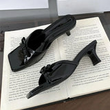Purpdrank  High Quality Patent Leather Square Toe Bow Design Slippers Women Fashion Open Toe Thin Heel Slide Sandals Summer Elegant Sandals