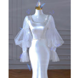 Purpdrank - Elegant Mermaid Wedding Dresses Vintage Square Collar Bridal Dress With Long Sleeves Satin Simple Suknia Slubna With Small Train