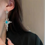 2024 Trend Cross Moonstone Dangle Earrings Women Girl Irregular Liquid Metal Cross Crystals Drops Earrings Jewelry