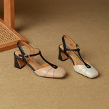 Purpdrank  Summer Women Shoes Genuine Leather Shoes for Women Square Toe Chunky Heel Women Sandals Retro Cover Toe Ankle Strap Shoes