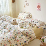 Purpdrank  Cute Floral Duvet Cover Set Ins Korean Style with Flat Sheet Pillowcase No filler Washed Cotton Queen Full Twin Home Bed Linen