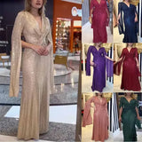 Purpdrank  European Style V Neck Solid Color Long Sleeve Party Club Bodycon Dress Female Elegant Sexy Long Maxi Dresses