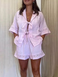 Purpdrank  Summer Holiday 2 Piece Set Women Loose Patchwork Shorts Solid Hollow Out Bandage Shirt Sets Fashion Lady Elastic Waist Suit
