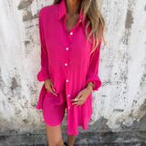 Purpdrank  Women's Casual Solid Color Cotton and Linen Shorts Long Sleeve Wrinkle Shirt Two-piece Set