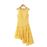 Purpdrank  Fashion Yellow Spliced Irregular Ruffles Hem Sleeveless Dress Women O neck Side Waist Midi Long Dresses Femme Vestidos Robe