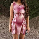 Purpdrank  Sexy Red Gingham Plaid Mini Sleeveless Dress Women Bow O Neck Zipper Back Low Waist Ruched Hem Swing Tank Dresses Vestidos Black