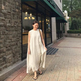 Purpdrank  Summer Solid Women's Tank Dress O-Neck Sleeveless Side Split Korean Straight Long Dresses Female