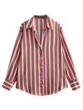 Purpdrank  Women's Shirts Summer Decent Simple Daily Stripes Single Breasted Button Front Cuff Sleeve Half Open Collar Casual Shirts