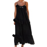 Purpdrank  Beach Dresses y2k Women Solid Color Spaghetti Strap Sleeveless Swing Tiered Ruffled Long Dress Vacation Party Dresses