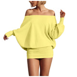 Purpdrank  Fashion Off Shoulder Sheer Mini Dress For Women Hot Sexy Long Sleeve Pleated Party Dresses Bodycon Solid Color Short Dress