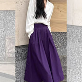 Purpdrank  Purple High Waisted A-Line Skirt Women Fashion Pleated Pocket Midi Skirts Women Summer Casual Loose Office Lady Party Skirt 433A